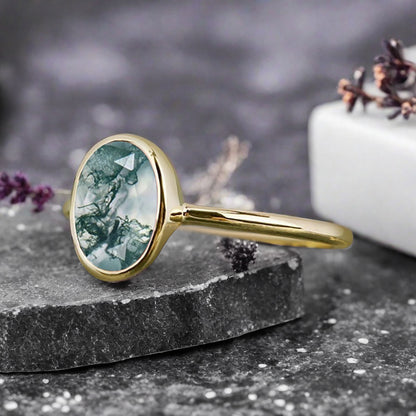 Unique Vintage Oval Cut Natural Moss Agate Ring Solitaire Engagement Ring Art Deco Moss Agate Ring Handmade Rose Gold Bridal Promise Ring