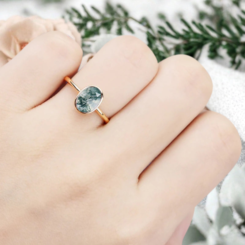 Unique Vintage Oval Cut Natural Moss Agate Ring Solitaire Engagement Ring Art Deco Moss Agate Ring Handmade Rose Gold Bridal Promise Ring