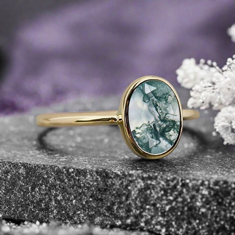 Unique Vintage Oval Cut Natural Moss Agate Ring Solitaire Engagement Ring Art Deco Moss Agate Ring Handmade Rose Gold Bridal Promise Ring