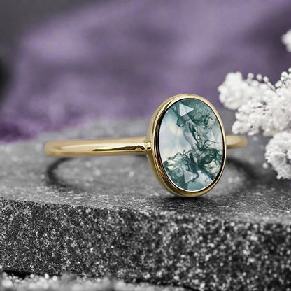 Unique Vintage Oval Cut Natural Moss Agate Ring Solitaire Engagement Ring Art Deco Moss Agate Ring Handmade Rose Gold Bridal Promise Ring