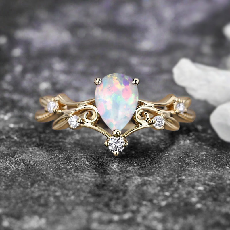 Vintage pear shaped opal engagement ring leaf ring art deco bridal ring 14k rose gold ring for women promise bridal ring unique ring