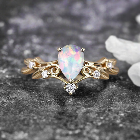 Vintage pear shaped opal engagement ring leaf ring art deco bridal ring 14k rose gold ring for women promise bridal ring unique ring