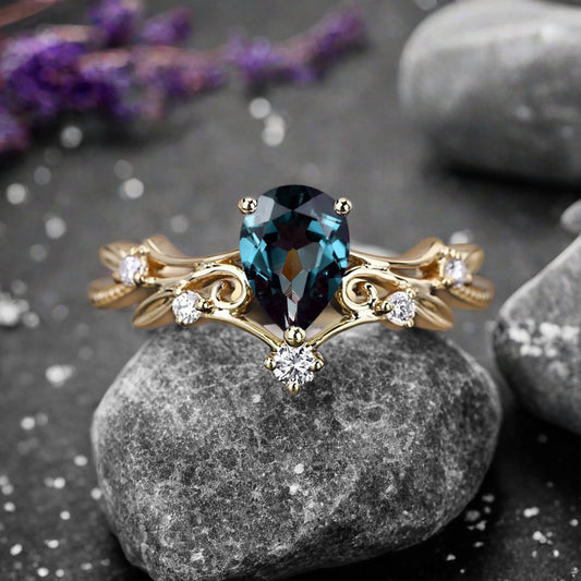 Vintage pear shaped alexandrite engagement ring leaf ring art deco bridal ring 14k rose gold ring for women promise bridal ring unique ring