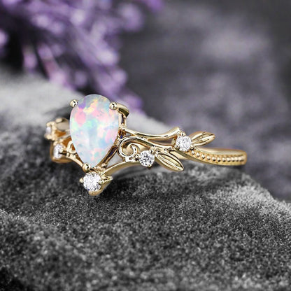 Vintage pear shaped opal engagement ring leaf ring art deco bridal ring 14k rose gold ring for women promise bridal ring unique ring