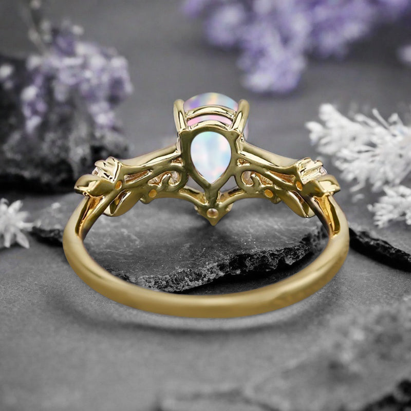 Vintage pear shaped opal engagement ring leaf ring art deco bridal ring 14k rose gold ring for women promise bridal ring unique ring