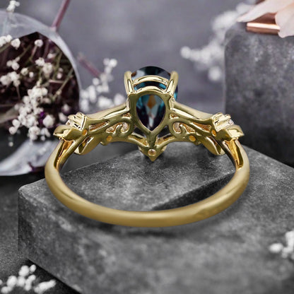Vintage pear shaped alexandrite engagement ring leaf ring art deco bridal ring 14k rose gold ring for women promise bridal ring unique ring