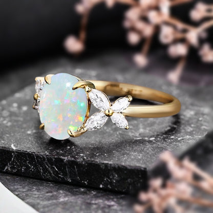 Vintage Oval Mondstein Verlobungsring Unikat Opal Moissanit Versprechensring
