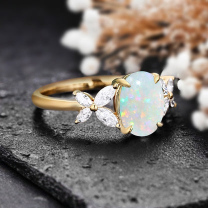 Vintage Oval Mondstein Verlobungsring Unikat Opal Moissanit Versprechensring