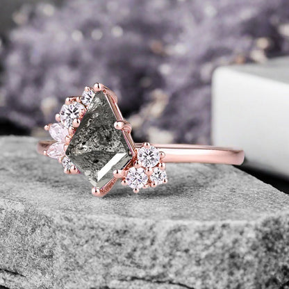 Vintage Kite Shape Herkimer Diamond Ring Unique Promise Bridal Ring