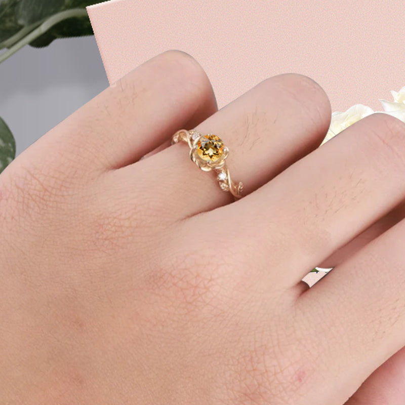 Vintage Citrine Ring Solid Gold Round Yellow Citrine Flower Leaf Engagement Ring Unique Moissanite Art Deco Promise Ring Anniversary Gift