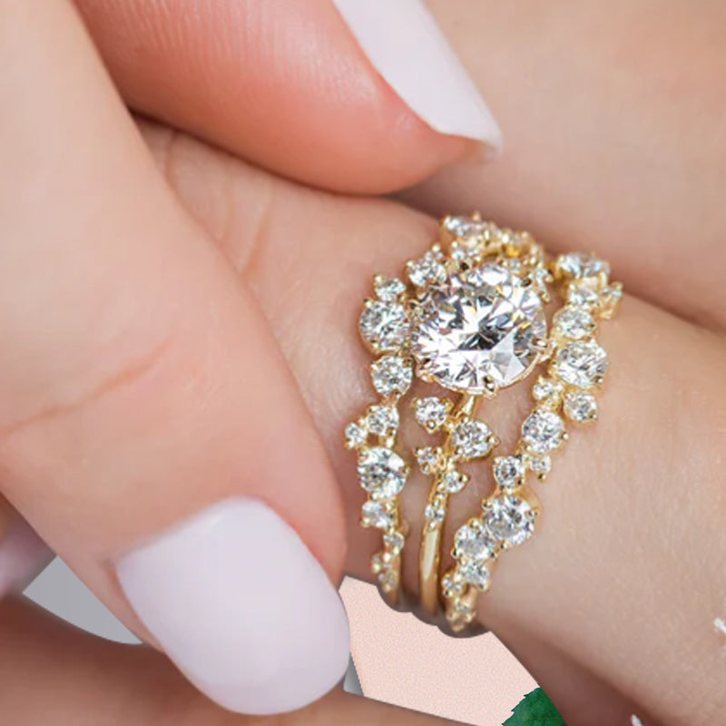 Round Cut Moissanite Engagement Ring Set, Vintage 14K Solid gold Bridal Wedding Set With Matching Chevron Curved Wedding Band, Promise ring