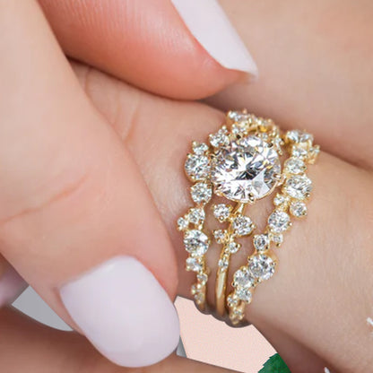Round Cut Moissanite Engagement Ring Set, Vintage 14K Solid gold Bridal Wedding Set With Matching Chevron Curved Wedding Band, Promise ring