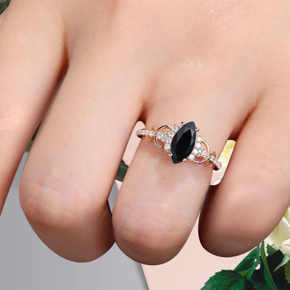 Art Deco Black Onyx Ring Unique Vintage Marquise Shape Black Onyx Engagement Ring Wedding Promise Ring For Women Gemstone Bridal Ring