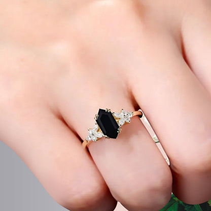Vintage Hexagon Cut Black Onyx Gemstone Engagement Ring Moissanite Side Stone Wedding Promise Ring