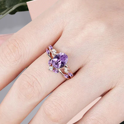 Vintage Oval Cut Amethyst Engagement Amethyst Ring Set Art Deco Bridal Ring Set Stackable Ring