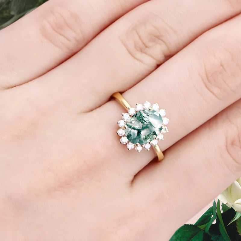 Vintage Moss Agate Engagement Ring Oval Shape Anniversary Ring Solid Gold Solitaire Unique Moss Agate Ring for Women Ver.2