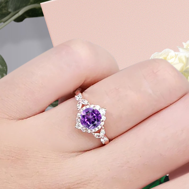 Vintage Amethyst Engagement Ring Round Shape Anniversary Ring Moissanite Decorated Ring for Women