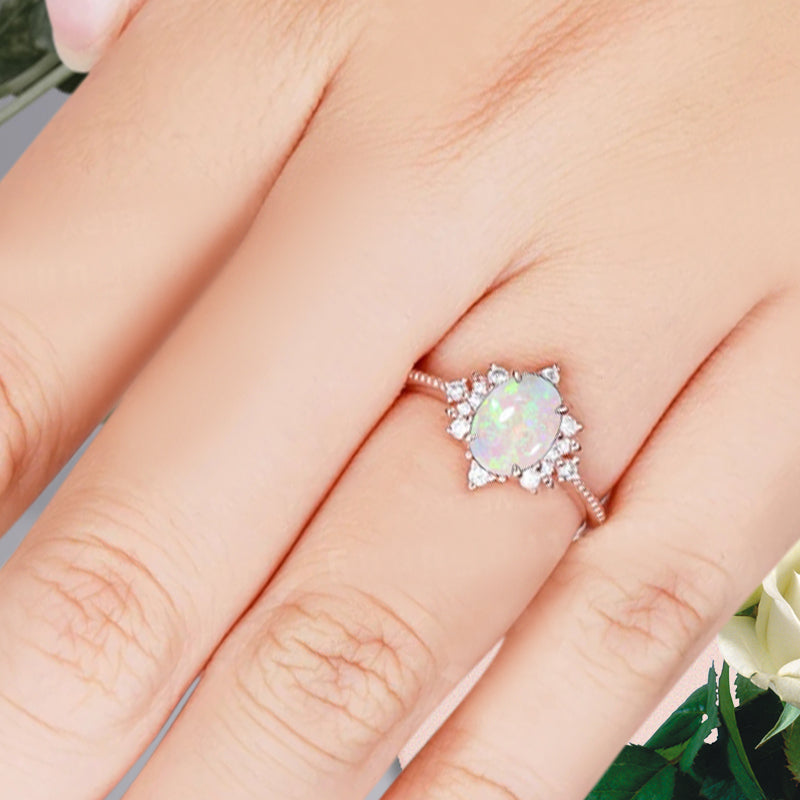 Oval Halo Opal Engagement Ring Moissanite Cluster Ring Floral Opal Ring Sunburst Ring Solid Gold Ring Vintage Anniversary Ring