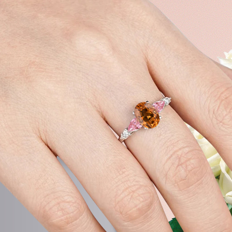 Vintage Oval Citrine Engagement Ring Unique Pink Sapphire Sidestones Oval Gemstone Promise Ring
