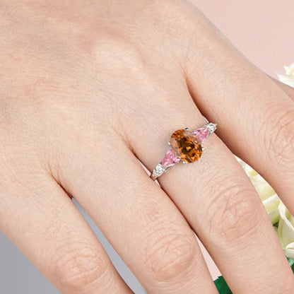 Vintage Oval Citrine Engagement Ring Unique Pink Sapphire Sidestones Oval Gemstone Promise Ring