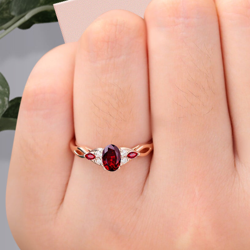 Vintage Oval Ruby Engagement Ring Unique Ruby Sidestones Oval Gemstone Promise Ring