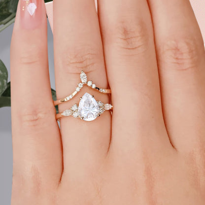Bague de fiançailles vintage en forme de poire avec aigue-marine, ensemble de bagues de mariage uniques, cadeau d'anniversaire
