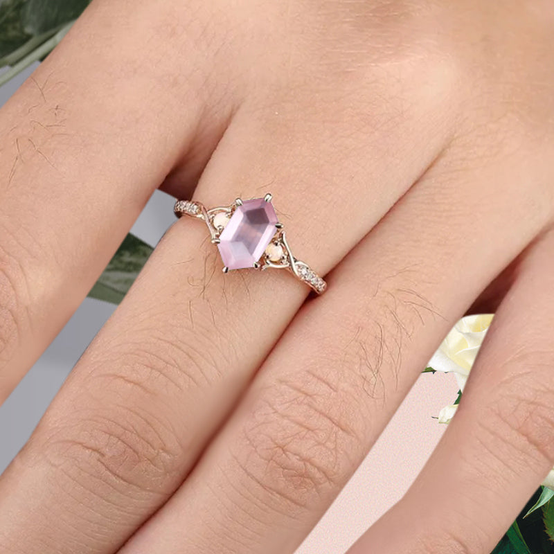 Hexagon cut pink sapphire engagement ring vintage unique pink sapphire moissanite ring twisted band wedding ring women bridal anniversary gift