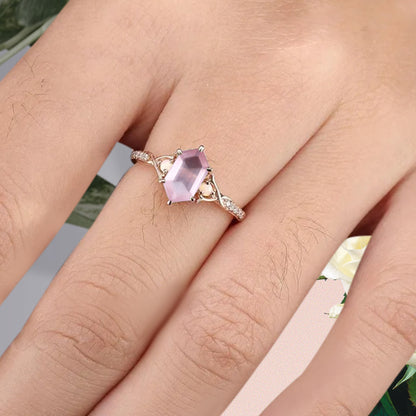 Hexagon cut pink sapphire engagement ring vintage unique pink sapphire moissanite ring twisted band wedding ring women bridal anniversary gift