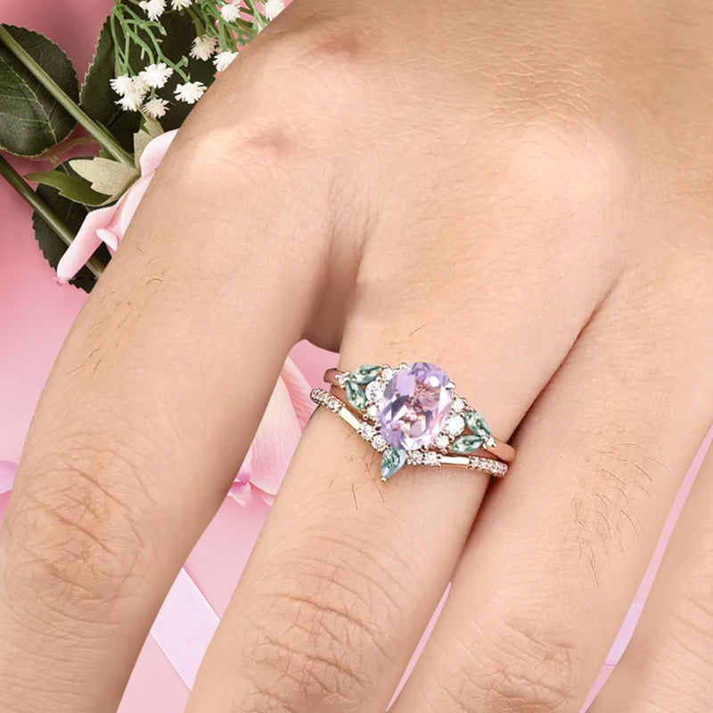 Vintage Oval Amethyst Engagement Ring Set Unique Moss Agate Sidestones Oval Gemstone Promise Ring Set