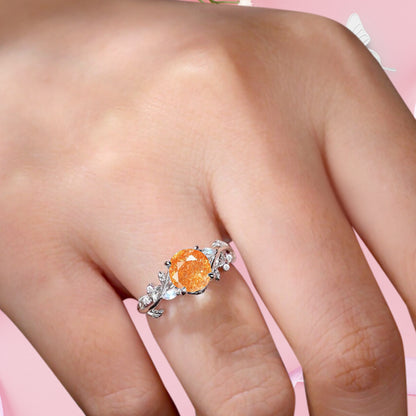 Round cut Orange Sunstone ring Vintage White gold Leaf engagement ring Marquise cut Moonstone ring Nature inspired Twig ring Gift