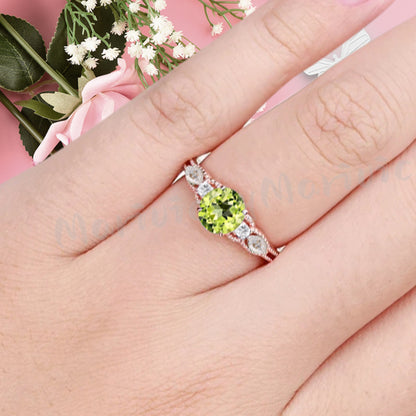 Round Cut Peridot Engagement Ring Marquise Moissanite Sidestones Vintage Promise Anniversary Gift