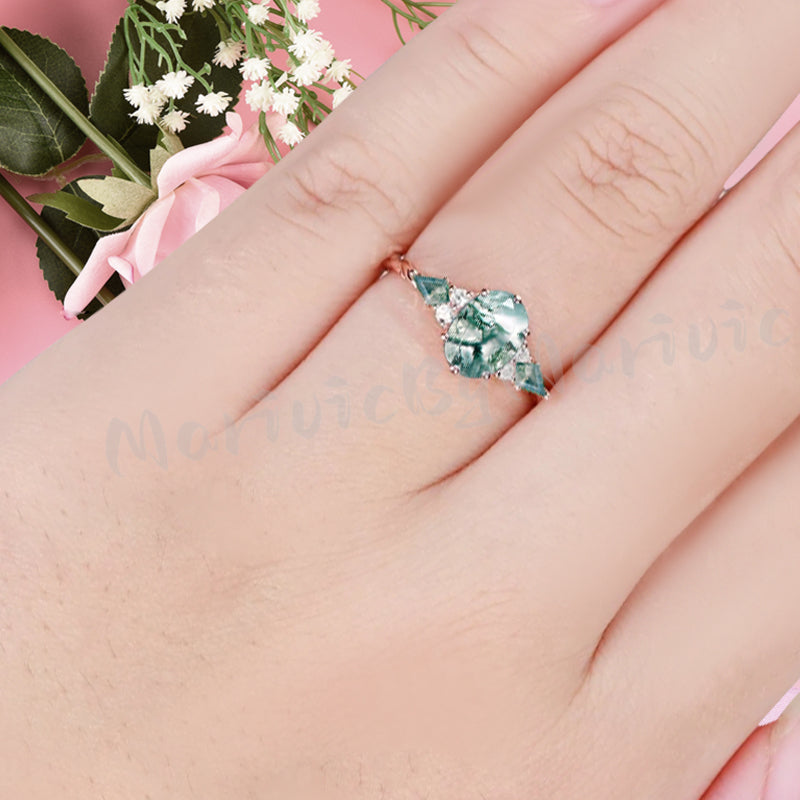 Vintage Moss Agate Engagement Ring 18K Rose Gold Oval Cut Natural Moss Agate Wedding Promise Ring Handmade Ring Anniversary Rings For Women Ver.2