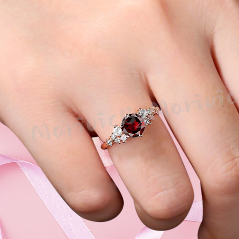 Vintage Ruby Engagement Ring, Unique Cluster Bridal Ring, Round Moissanite Ring, Rose Gold Birthstone Wedding Ring,Promise Anniversary Ring