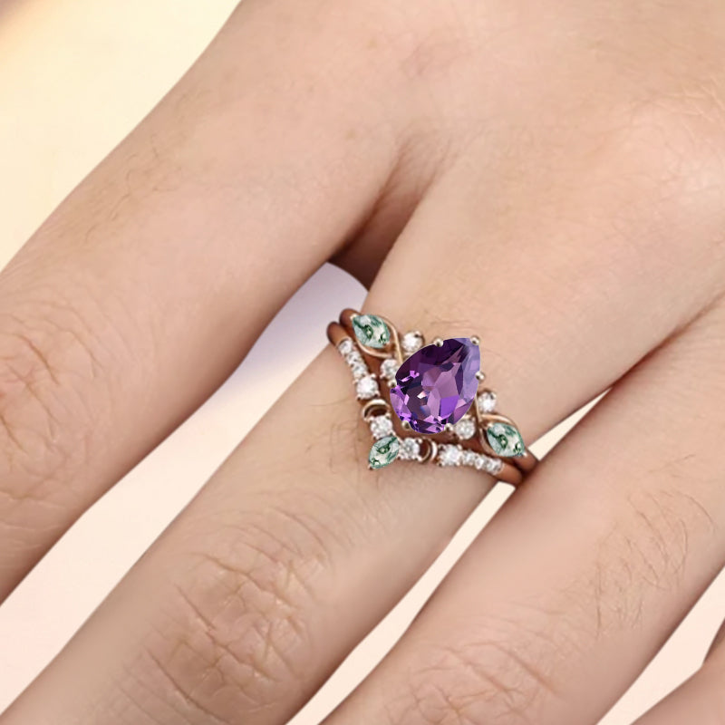 Vintage Pear Shape Amethyst Engagement Ring Set Unique Moss Agate Gemstone Promise Bridal Ring Set Anniversary Gift