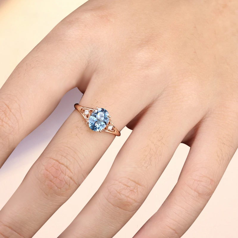 Oval Cut Aquamarine Engagement Ring Vintage Unique Rose Gold Blue Agate Wedding Ring Handmade Bridal Promise Ring Anniversary Gift Ring