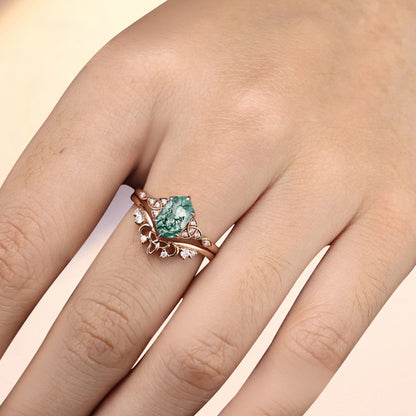 Unique Hexagon Moss Agate Ring Art Deco Wedding Ring Set Vintage Green Agate Engagement Anniversary Ring
