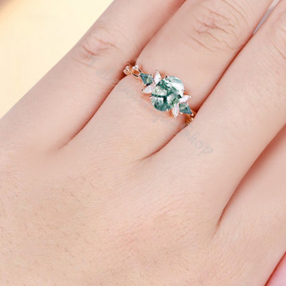 Vintage Moss Agate Engagement Ring 18K Rose Gold Oval Cut Natural Moss Agate Wedding Promise Ring Handmade Ring Anniversary Rings For Women Ver.3