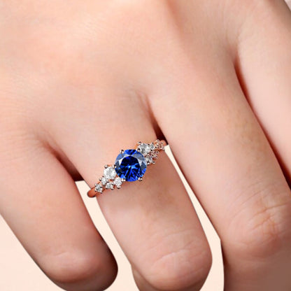 Vintage Blue Topaz Engagement Ring, Unique Cluster Bridal Ring, Round Moissanite Ring, Rose Gold Birthstone Wedding Ring,Promise Anniversary Ring