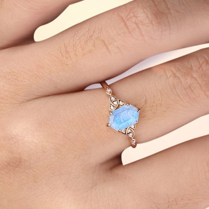 Hexagon Cut Labradorite Engagement Bridal Ring Moissanite Art Deco Promise Ring