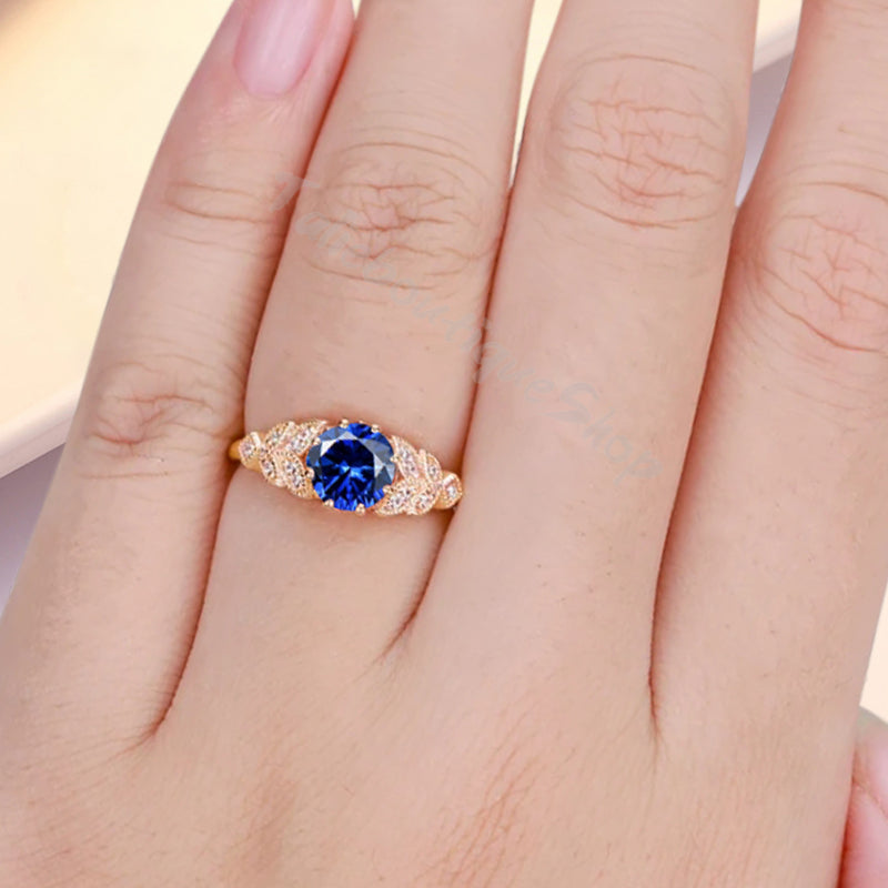 Round Cut Blue Topaz Engagement Ring Leaf Marquise Moissanite Vintage Blue Topaz Wedding Floral Ring Promise Anniversary Gift