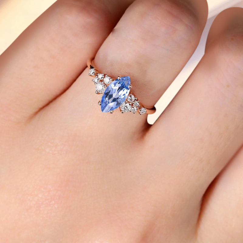 Vintage Marquise Blue Topaz Engagement Ring, Rose Gold Moissanite Cluster Custom Sterling Silver Wedding Ring Promise Ring Gift for her