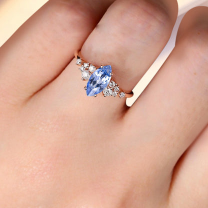 Vintage Marquise Blue Topaz Engagement Ring, Rose Gold Moissanite Cluster Custom Sterling Silver Wedding Ring Promise Ring Gift for her