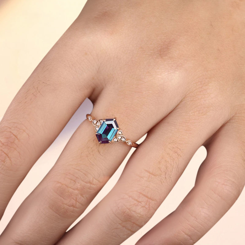 Hexagon Cut Alexandrite Engagement Bridal Ring Moissanite Art Deco Promise Ring