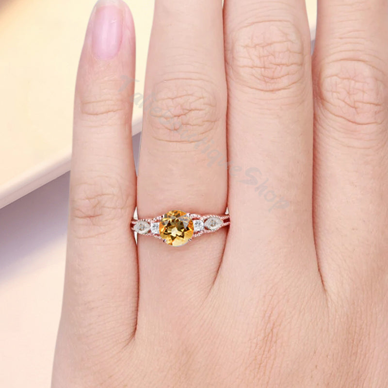 Round Cut Citrine Engagement Ring Marquise Moissanite Sidestones Vintage Promise Anniversary Gift