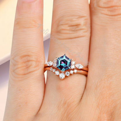 Vintage Hexagon Cut Aquamarine Engagement Ring Set 14k Rose Gold Bridal Ring Set Unique Blue Aquamarine Wedding Ring Set Women Anniversary Gift