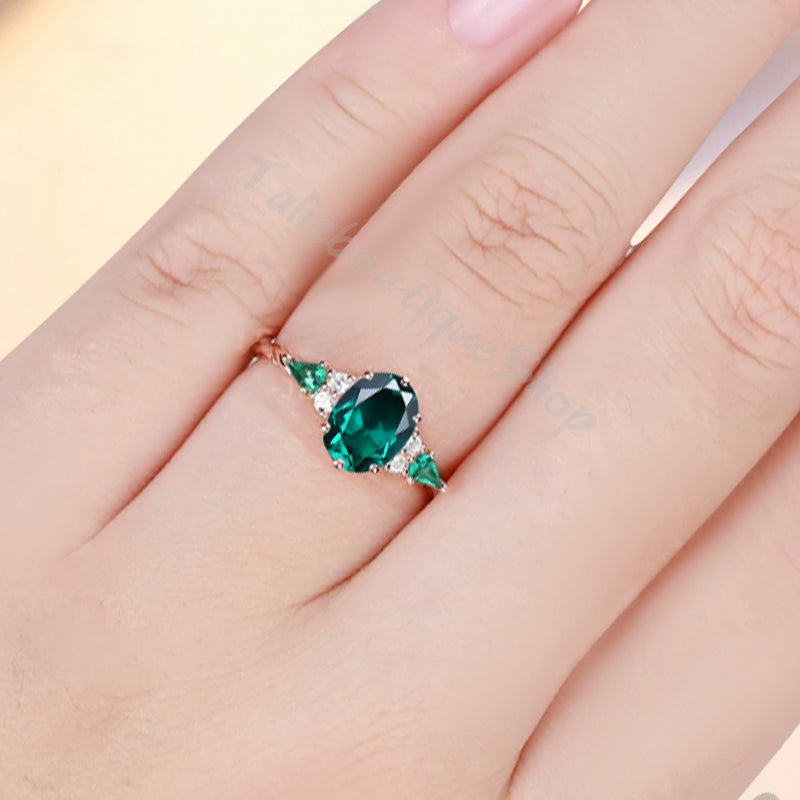 Vintage Emerald Engagement Ring 18K Rose Gold Oval Cut Natural Emerald Wedding Promise Ring Handmade Ring Anniversary Rings For Women Ver.2