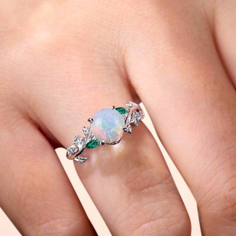 Round cut Pink Opal ring Vintage White gold Leaf engagement ring Marquise cut Emerald ring Nature inspired Twig ring Gift