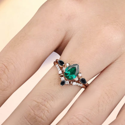 Vintage Pear Shape Emerald Engagement Ring Set Unique Black Onyx Gemstone Promise Bridal Ring Set Anniversary Gift