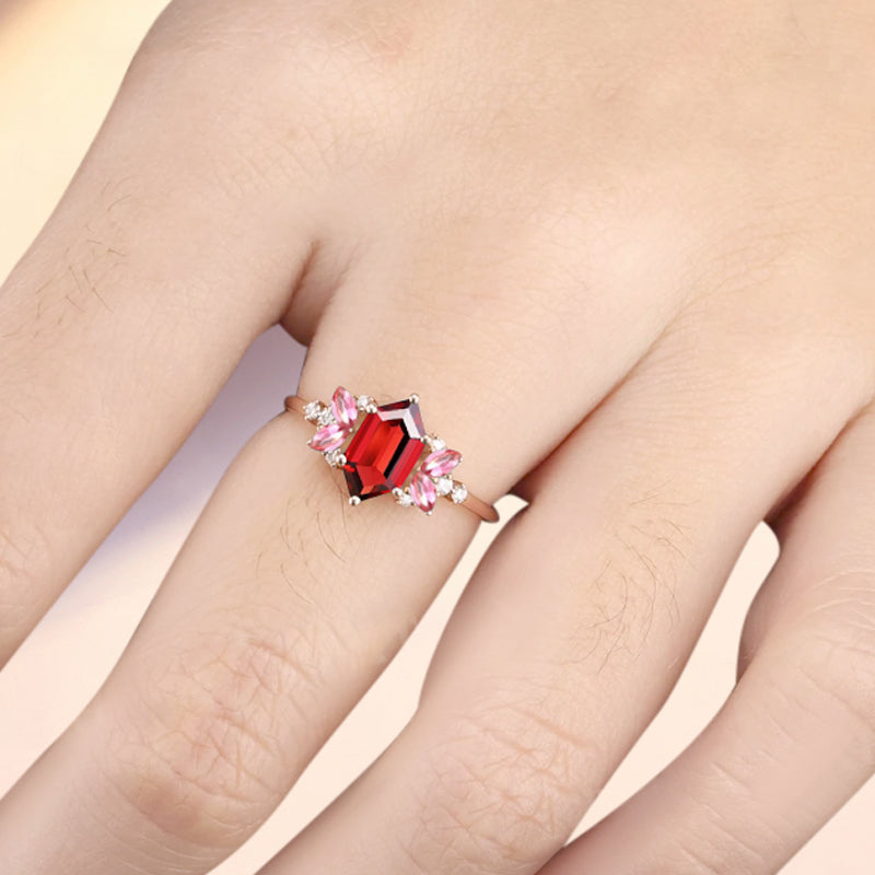 Vintage Hexagon Cut Ruby Engagement Ring Hexagon Pink Sapphire Side Stone Wedding Promise Bridal Ring