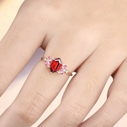 Vintage Hexagon Cut Ruby Engagement Ring Hexagon Pink Sapphire Side Stone Wedding Promise Bridal Ring
